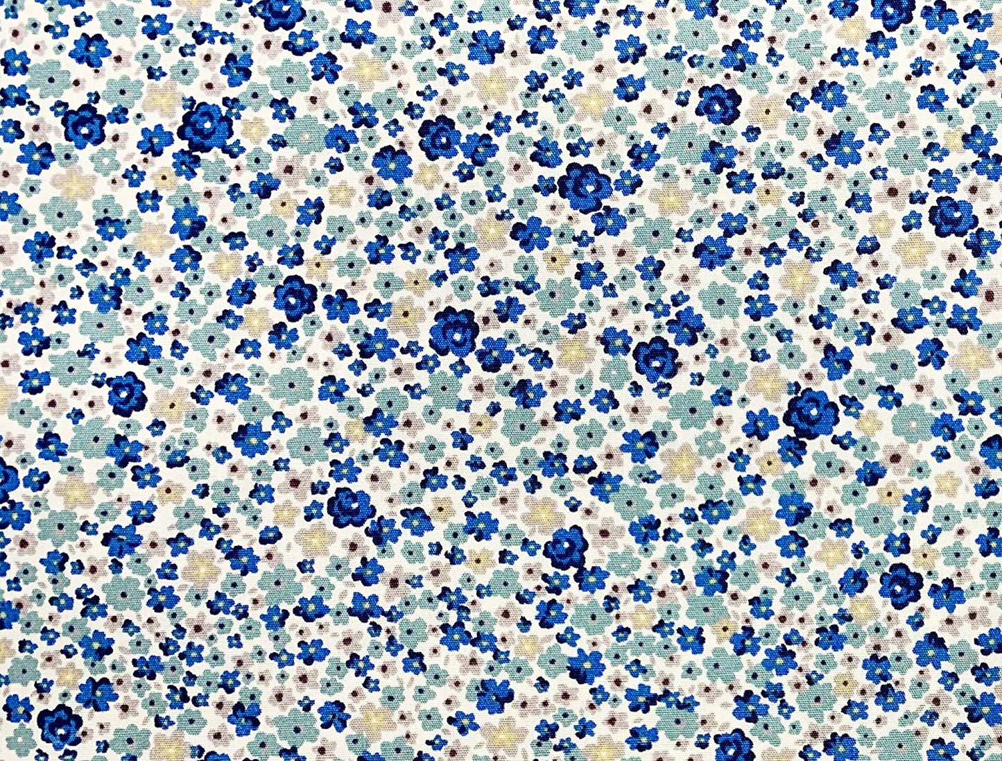 1 Metre Blue, Aqua and Grey Small Floral on Ivory Background 100% Cotton Fabric x 112cm / 44 -